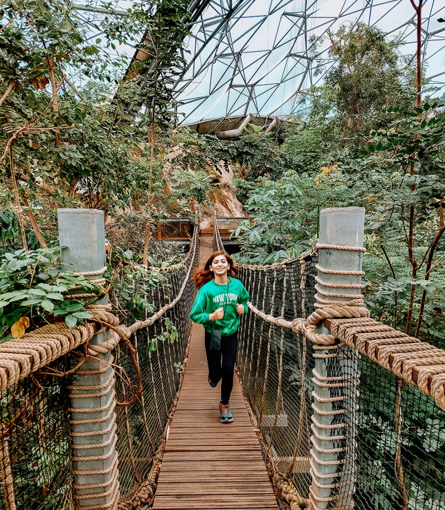 Rennen op een van de hangbruggen bij het Eden Project in Cornwall