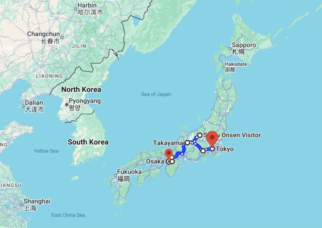 Route van de rondreis Japan met kinderen
